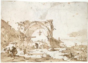 Een Capriccio met een verwoeste gotische boog