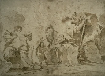 Aanbidding van de herders (recto); Drie schetsen: Gebouwen aan kanaal met boten, Landschap met gebouwen op heuvel, Gebouwen met portiek (verso)