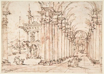 Architecturaal capriccio: gewelfde zuilengalerij van een paleis