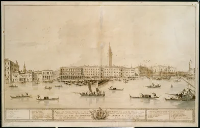 Panorama van Venetië vanaf het Bacino di San Marco, met inbegrip van het ontwerp voor het voorgestelde Teatro Manin