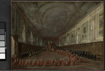 Paus Pius VI daalt de troon af om afscheid te nemen van de doge in de zaal van SS. Giovanni e Paolo, 1782 en Pontificale ceremonie in SS. Giovanni e Paolo, Venetië, 1782, ca. 1783