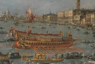 Het Bucintoro Festival van Venetië. Het Bacino di S. Marco met de Bucintoro, de staatsboot van de Doge, op Hemelvaartsdag (detail)
