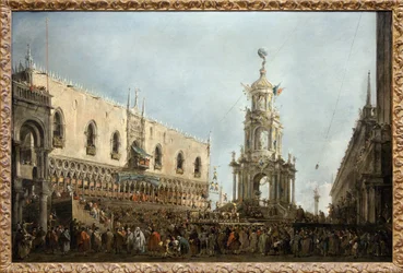De Doge van Venetië woont de feesten van Donderdag Gras bij op Piazzetta di San Marco, de Doge staat links, onder de centrale arcade van het Dogepaleis, naast een tijdelijk monument opgericht op de Piazzetta, staat een menselijke piramide van een gymnastie