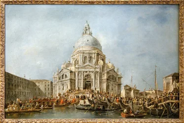 De Doge van Venetië gaat naar de Salute van Venetië, Elk jaar op 21 november ging de Doge naar de Basiliek van Santa Maria della Salute, gebouwd als dank voor het einde van de pest van 1630, om de Maagd te bedanken voor deze bevrijding