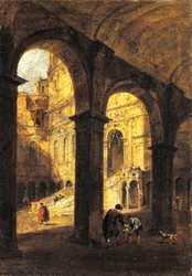Uitzicht op de binnenplaats van het Palazzo Ducale en de Reuzentrap (Scala dei Giganti), in Venetië, ca. 1780, door Francesco Guardi (1712-1793), olieverf op doek, 26x39 cm
