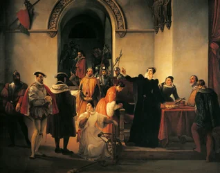 Mary Queen of Scots protesteert haar onschuld voor sheriffs terwijl haar doodvonnis wordt voorgelezen