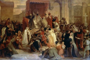 Paus Urbanus II predikt de Eerste Kruistocht op het plein in Clermont