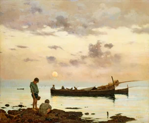 Marina met vissersboot en jongens, door Francesco Lojacono, olieverf op doek