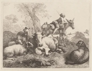 Jongen op een ezel die een groep dieren bewaakt, 1763