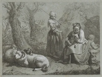 Drie herderinnen met schapen