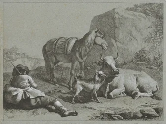 Liggende herder met paard, koe en hond