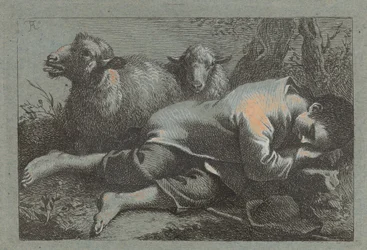Slapende boerenjongen bij twee schapen