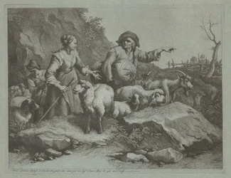 Boerenman met een zak en twee herderinnen