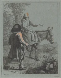 Boerin zittend op een ezel en een boer