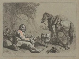 Zittende oude man op het punt om uit een kalebas te drinken, ca. 1763