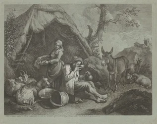 Zittende oude man en vrouw met een mand eieren, 1759-1782
