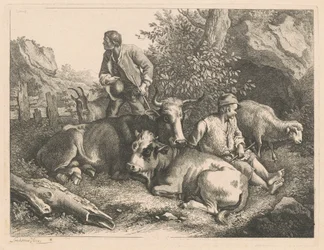 Twee herders met een koe en kalf