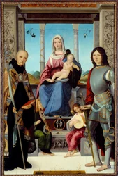 De Maagd en het Kind omringd door Sint Benedictus van Nursie en Sint Quentin met twee engelen