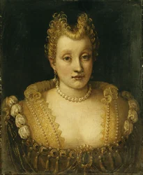 Portret van een Dame, Verondersteld van de Contarini Familie, Bustelengte, Met een Uitbundige Jurk met Juwelen en een Parelketting en Oorbellen