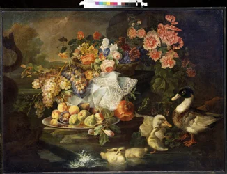 Stilleven met bloemen en eend
