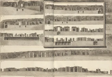 Dwarsdoorsneden die de verschillende aspecten van de gebouwen in het plan van Pompeii laten zien