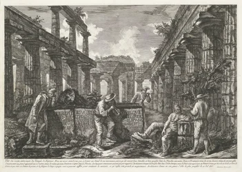 Titelprent met resten van de Tempel van Neptunus te Paestum met titel op blokken