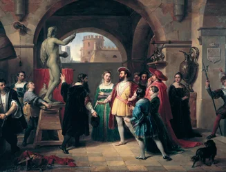 Koning Frans I van Frankrijk (1494-1547) bezoekt het atelier van Benvenuto Cellini (1500-1571) in Rome. De schilder presenteert de koning een beeld van de heilige Johannes de Evangelist. Anoniem schilderij. Rome, Galleria Nazionale d