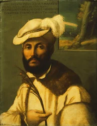 Portret van een bebaarde heer, half lengte, in een met bont afgewerkte witte jas en een gevederde hoed, met een palmblad, een landschap gezien door een raam daarachter
