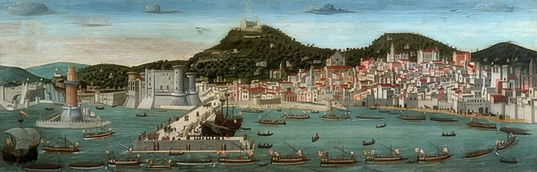 Tavola Strozzi. Uitzicht op Napels, de vloot van de Aragonezen vaart op 12 juli 1465 de haven binnen