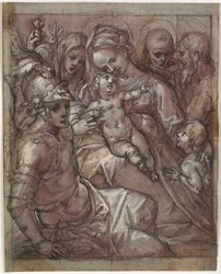 Maagd Maria en het Kind Jezus met Johannes de Doper als jongen, Bernardino van Siena (?), Catharina van Siena, aartsengel Michaël en een bebaarde heilige