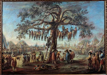 De boom van de gehangenen. Een macaber schouwspel met veroordeelden die door ophanging aan de takken van een boom worden gefolterd. Illustratie naar een gravure uit de reeks „Les misères de la guerre“ van Jacques Callot (1592-1635). Schilderij van