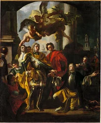 Gundaker graaf Althan, directeur van de keizerlijke gebouwen, overhandigt keizer Karl VI de inventaris van de nieuwe schilderijengalerij in de Stallburg