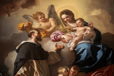 Madonna van de Rozenkrans met heiligen Dominicus en Catharina