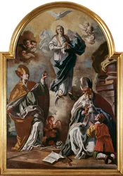 De duif van de Heilige Geest verschijnt boven de Maagd met heiligen