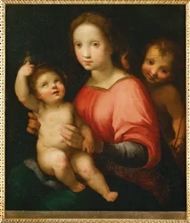 Heilige Maria met kind en jonge Johannes de Doper ... (schilderij op hout)
