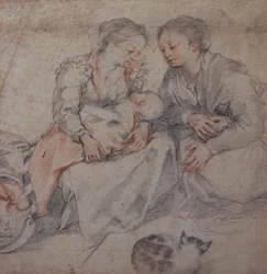 Twee vrouwen en een baby met een kat