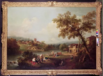 Een uitgestrekt rivierlandschap met een dorp