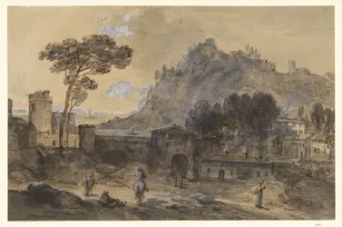 Klassiek landschap: een stad en een berg aan de kust