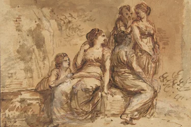Vijf jonge vrouwen in een landschap