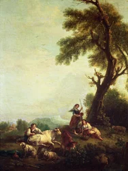 Landschap met boeren die een kudde vee bekijken