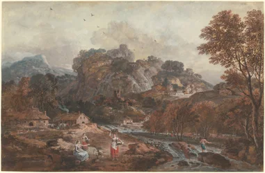 Berglandschap met wasvrouwen en een visser