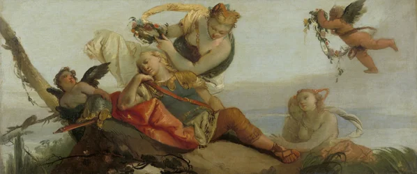 De slapende Rinaldo gekroond met bloemen door Armida