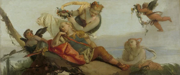 De slapende Rinaldo gekroond met bloemen door Armida