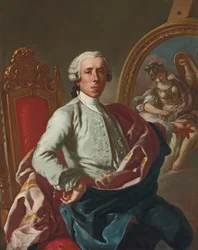 Portret van de kunstenaar, driekwart lengte, zittend, met een potlood, bij een ezel met een afbeelding van Minerva
