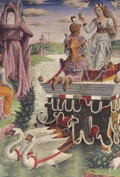 Triomf van Venus en teken van Stier, scènes uit de maand april, oostmuur, Hal van de Maanden, Palazzo Schifanoia, Ferrara, Emilia-Romagna, Italië, circa 1470 (fresco) (detail)