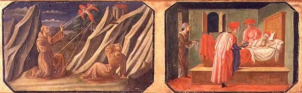St. Franciscus van Assisi ontvangt de stigmata, SS. Cosmas en Damian genezen een zieke man; kopieën van originele panelen die deel uitmaken van de predella van de Madonna en Kind op de Troon door Filippo Lippi