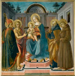 De Maagd en het Kind tussen Sint Zenobia, Sint Johannes de Doper, Sint Antonius Abbe en Sint Franciscus ...