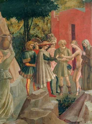 Saluzzo komt zijn toekomstige bruid ophalen bij haar ouders (tempera op hout)