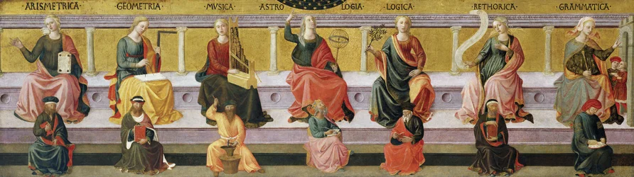 De zeven vrije kunsten (Rekenkunde, meetkunde, muziek, astrologie, logica, retorica en grammatica)