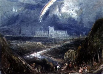 Uitzicht vanaf een Heuvel op een Verre Stad en Kathedraal, (waarschijnlijk Exeter), met een Rivier op de Voorgrond